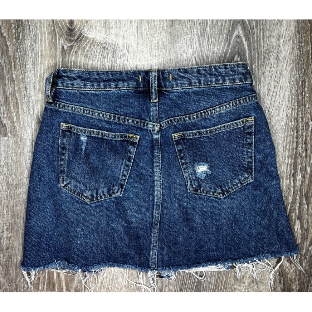 We The Free Free People Denim Mini Skirt Button‎ Fly Raw Hem Distressed Blue 26 - Picture 4 of 8